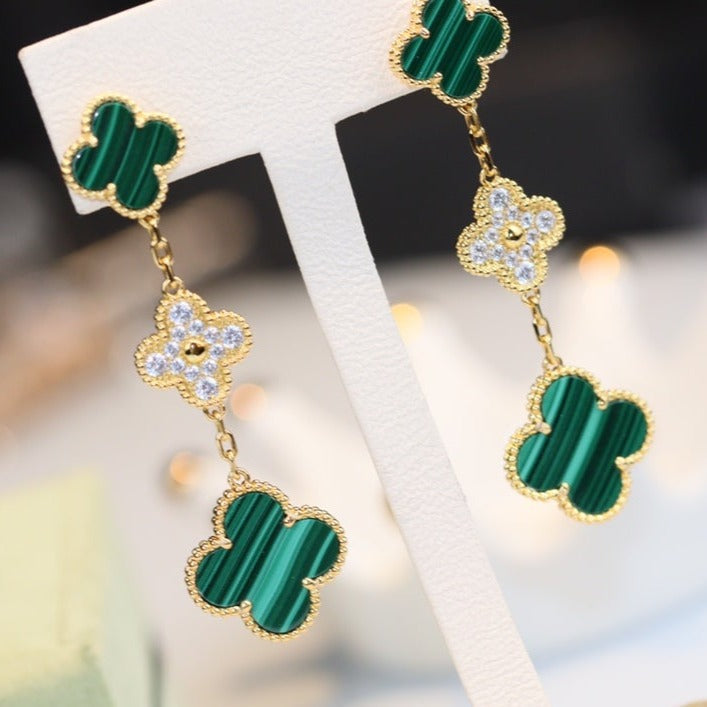 [Elite]CLOVER EARRINGS GOLD MALACHITE DIAMOND 3 MOTIF