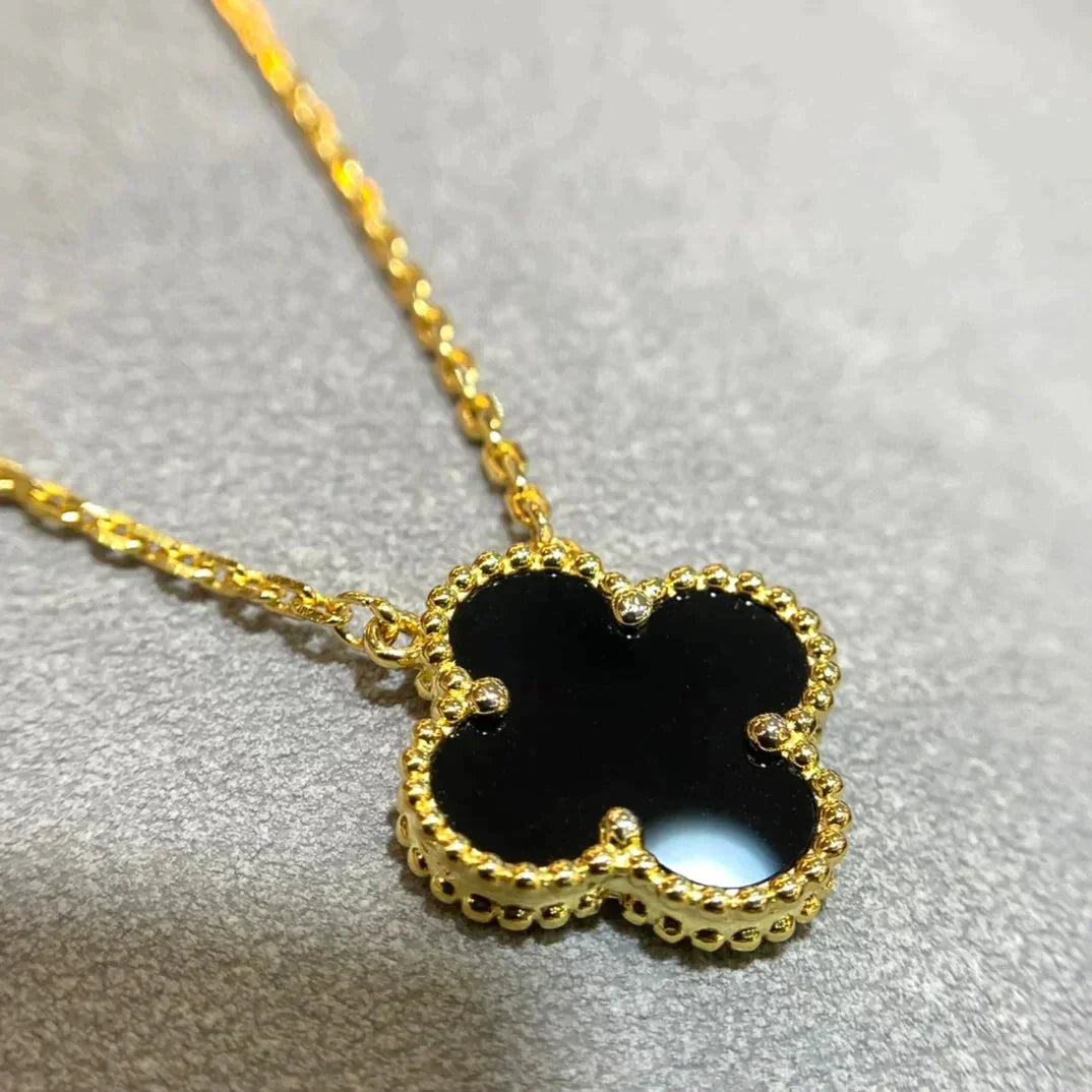 [Elite]CLOVER 15MM BLACK ONYX SINGLE FLOWER NECKLACE