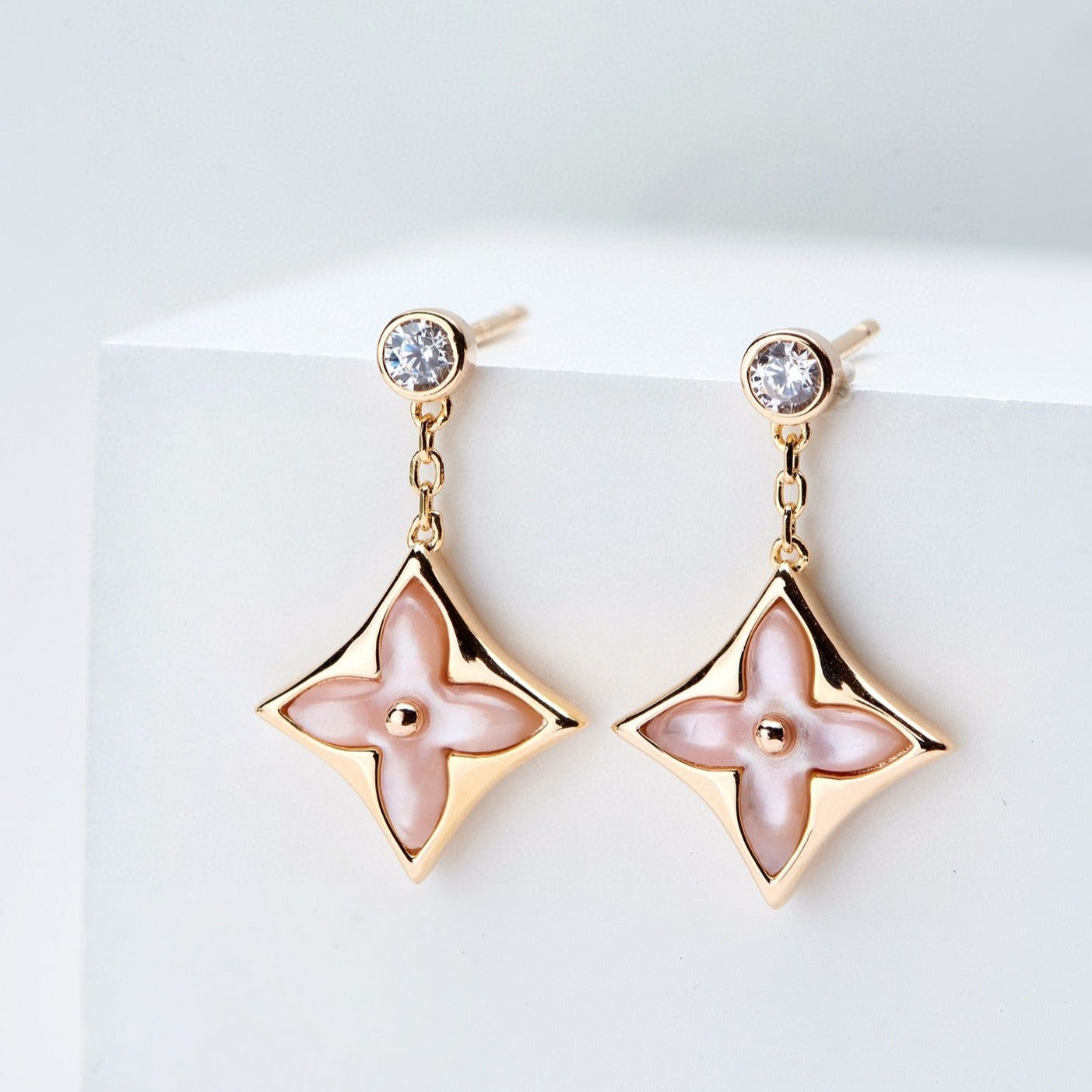 [Elite]DOUBLE STAR PINK GOLD MOP DROP EARRINGS