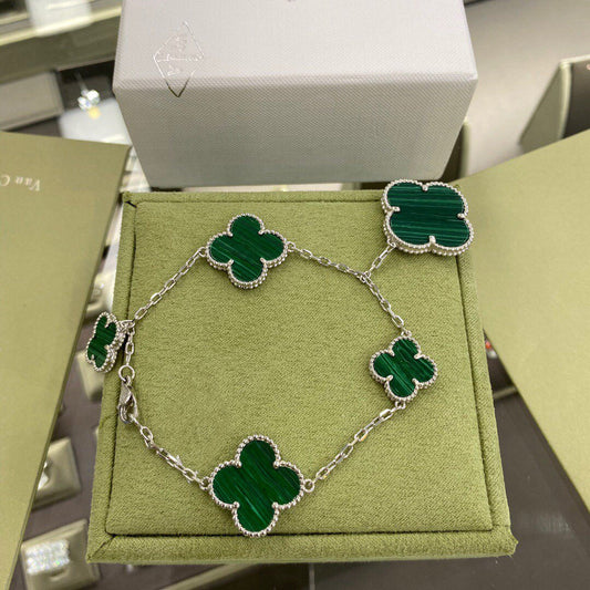 [Elite]CLOVER 5 MOTIFS SIVLER MALACHITE BRACELET