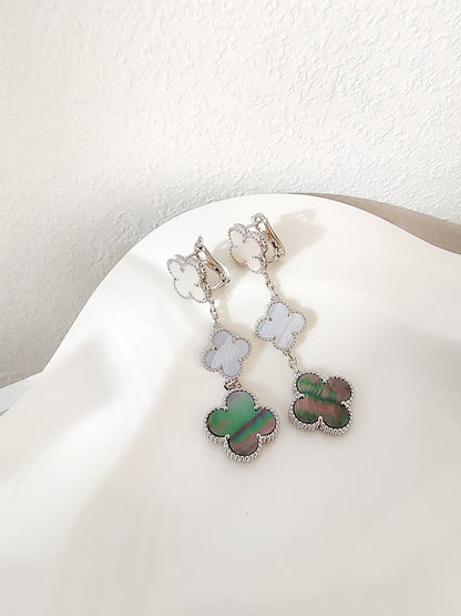 [Elite]CLOVER 3 MOTIFS CHALCEDONY DARK MOP SILVER EARRINGS