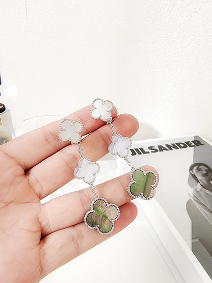 [Elite]CLOVER 3 MOTIFS CHALCEDONY DARK MOP SILVER EARRINGS