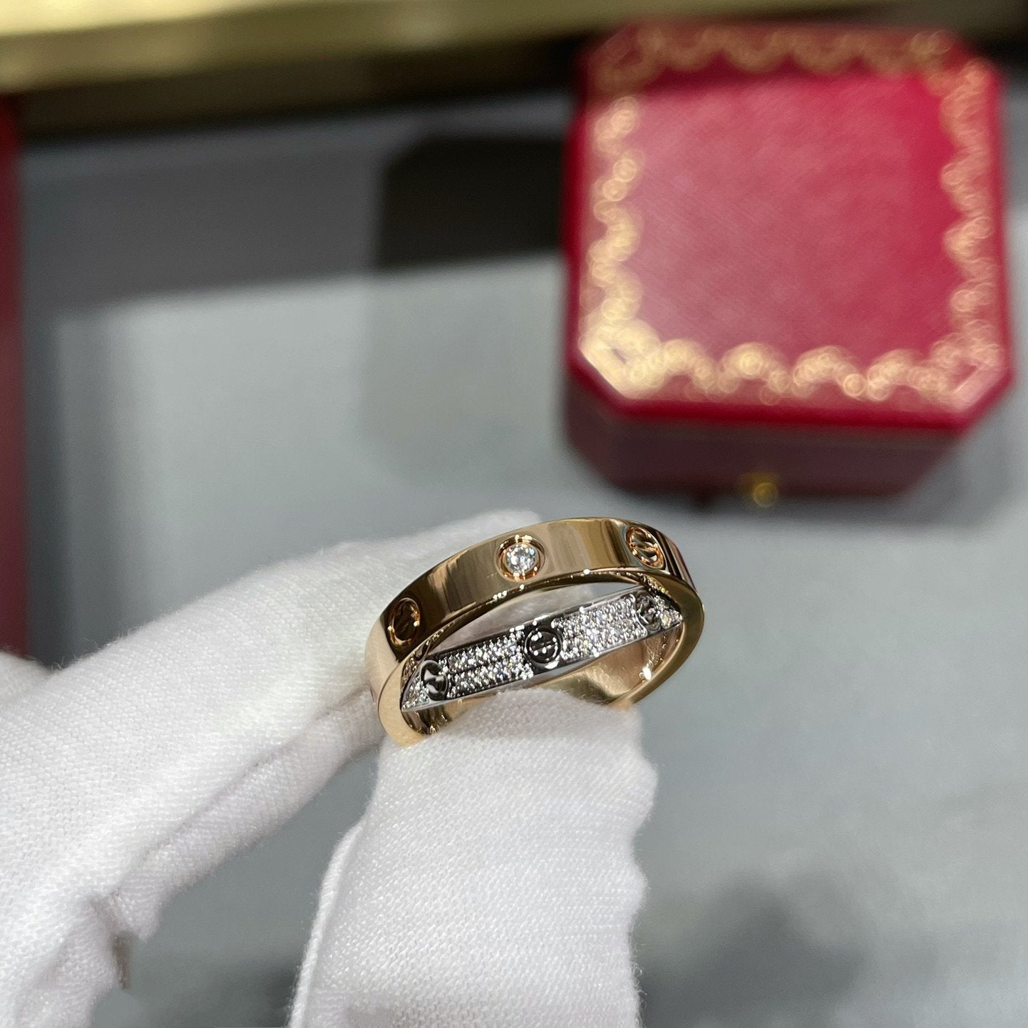 [Elite]LOVE PINK GOLD SILVER DIAMOND DOUBLE RING