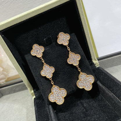 [Elite]CLOVER 3 MOTIFS DIAMOND PAVED ROSE GOLD EARRINGS