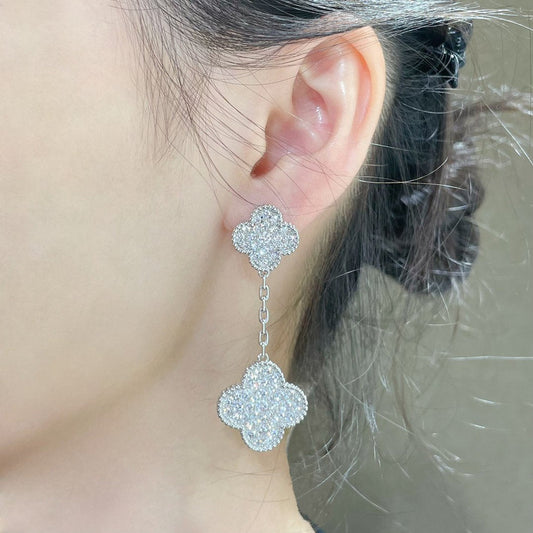 [Elite]CLOVER 2 MOTIFS DIAMOND PAVED SILVER EARRINGS