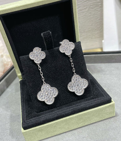 [Elite]CLOVER 2 MOTIFS DIAMOND PAVED SILVER EARRINGS