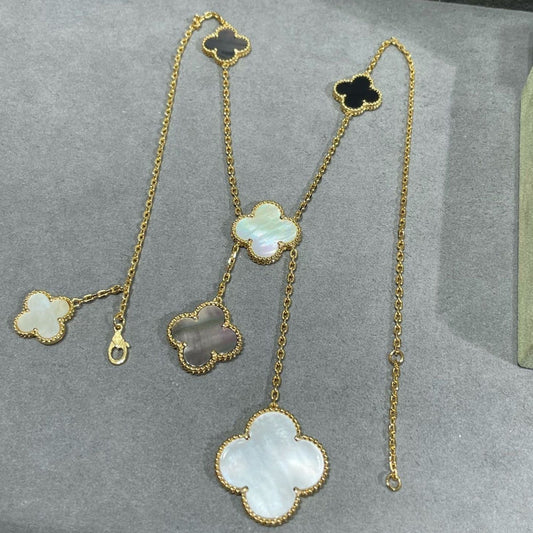 [Elite]CLOVER 6 MOTIF MOP ONYX GOLD NECKLACE