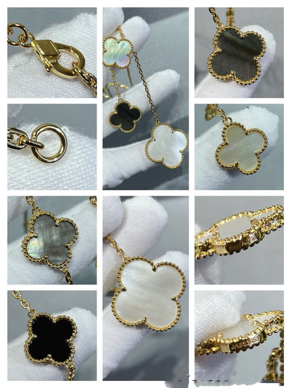 [Elite]CLOVER 6 MOTIF MOP ONYX GOLD NECKLACE