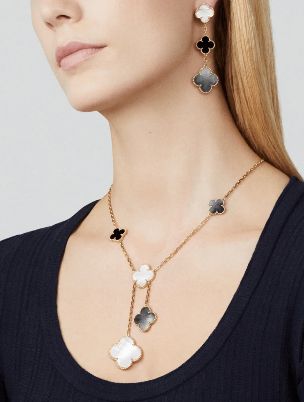 [Elite]CLOVER 3 MOTIF MOP ONYX DARK MOP PINK GOLD EARRINGS