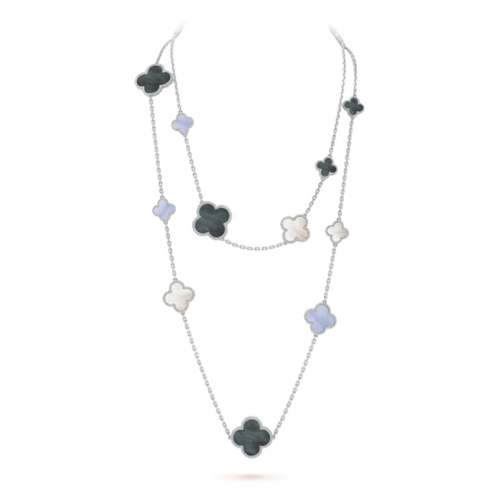 [Elite]CLOVER 16 MOTIF CHALCEDONY MOP SILVER NECKLACE