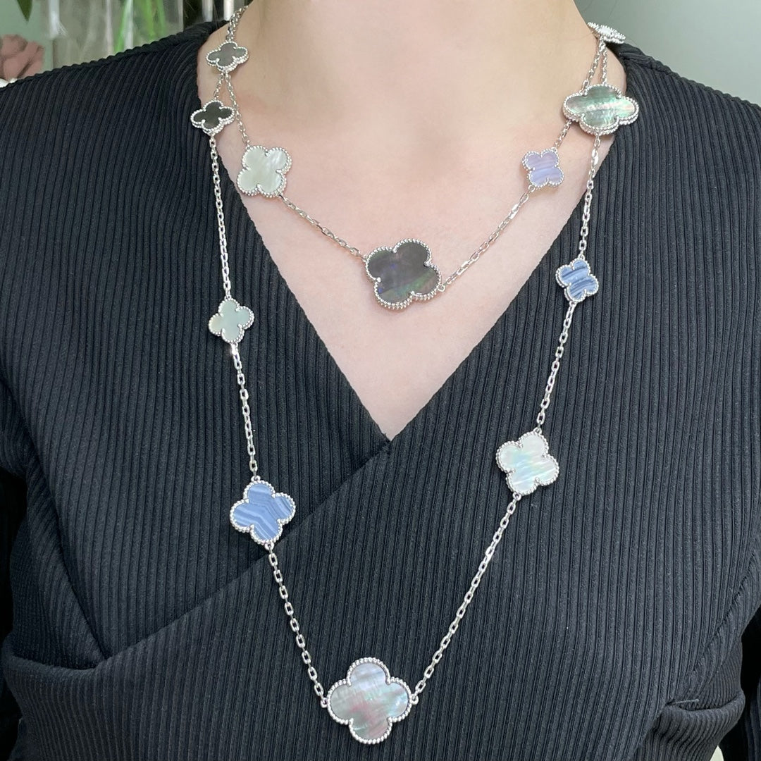[Elite]CLOVER 16 MOTIF CHALCEDONY MOP SILVER NECKLACE