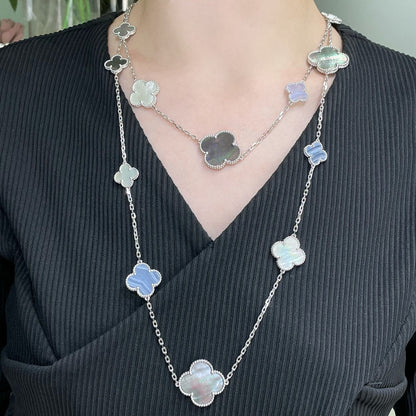 [Elite]CLOVER 16 MOTIF CHALCEDONY MOP SILVER NECKLACE