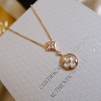 [Elite]STAR AND SUN WHITE MOP 2 MOTIF PINK GOLD NECKLACE