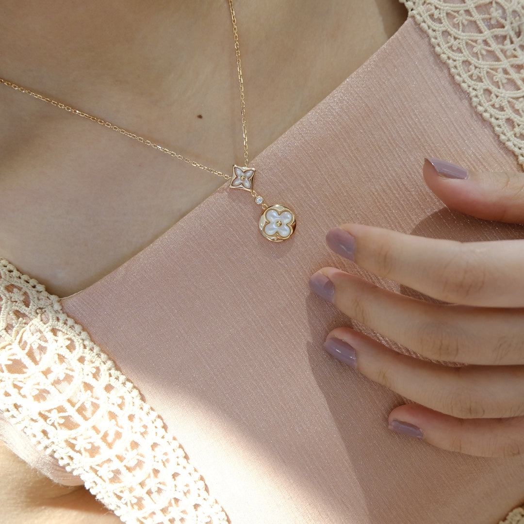 [Elite]STAR AND SUN WHITE MOP 2 MOTIF PINK GOLD NECKLACE