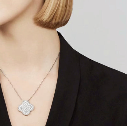 [Elite]CLOVER 25MM LARGE PENDANT DIAMOND PAVED SILVER NECKLACE