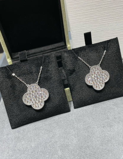 [Elite]CLOVER 25MM LARGE PENDANT DIAMOND PAVED SILVER NECKLACE