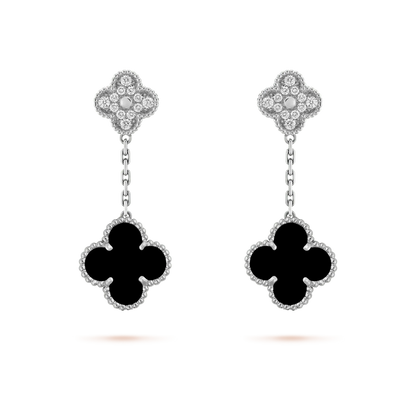 [Elite]CLOVER 2 MOTIFS  DIAMOND ONYX EARRINGS SILVER