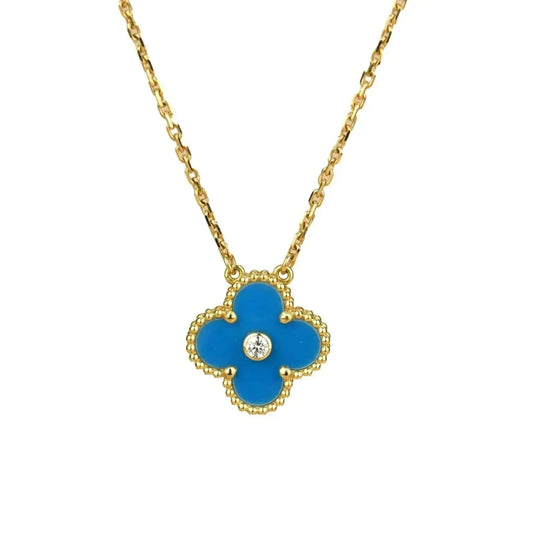 [Elite]CLOVER 15MM DIAMOND AND BLUE AGATE NECKLACE