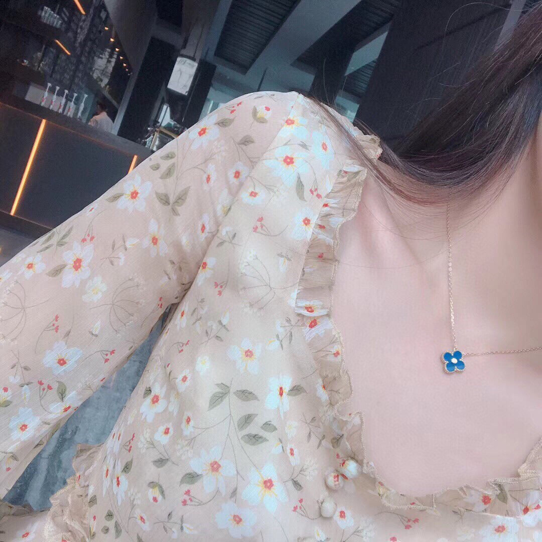 [Elite]CLOVER 15MM DIAMOND AND BLUE AGATE NECKLACE