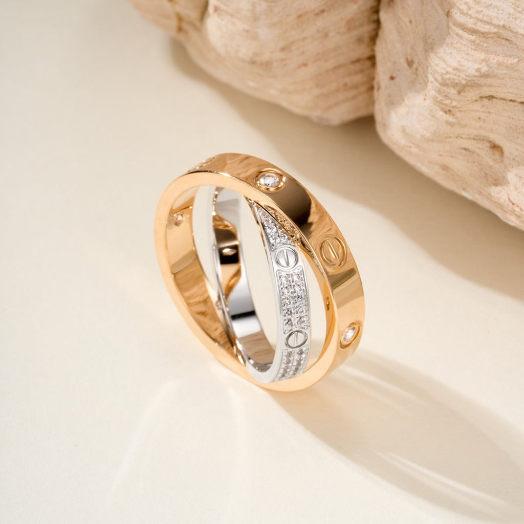 [Elite]LOVE PINK GOLD SILVER DIAMOND DOUBLE RING