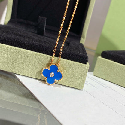 [Elite]CLOVER 15MM DIAMOND AND BLUE AGATE NECKLACE