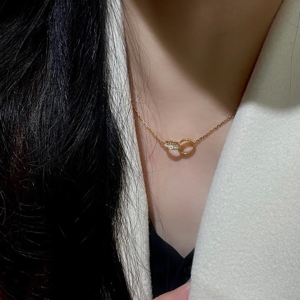 [Elite]LOVE DOUBLE RING HALF DIAMOND NECKLACE