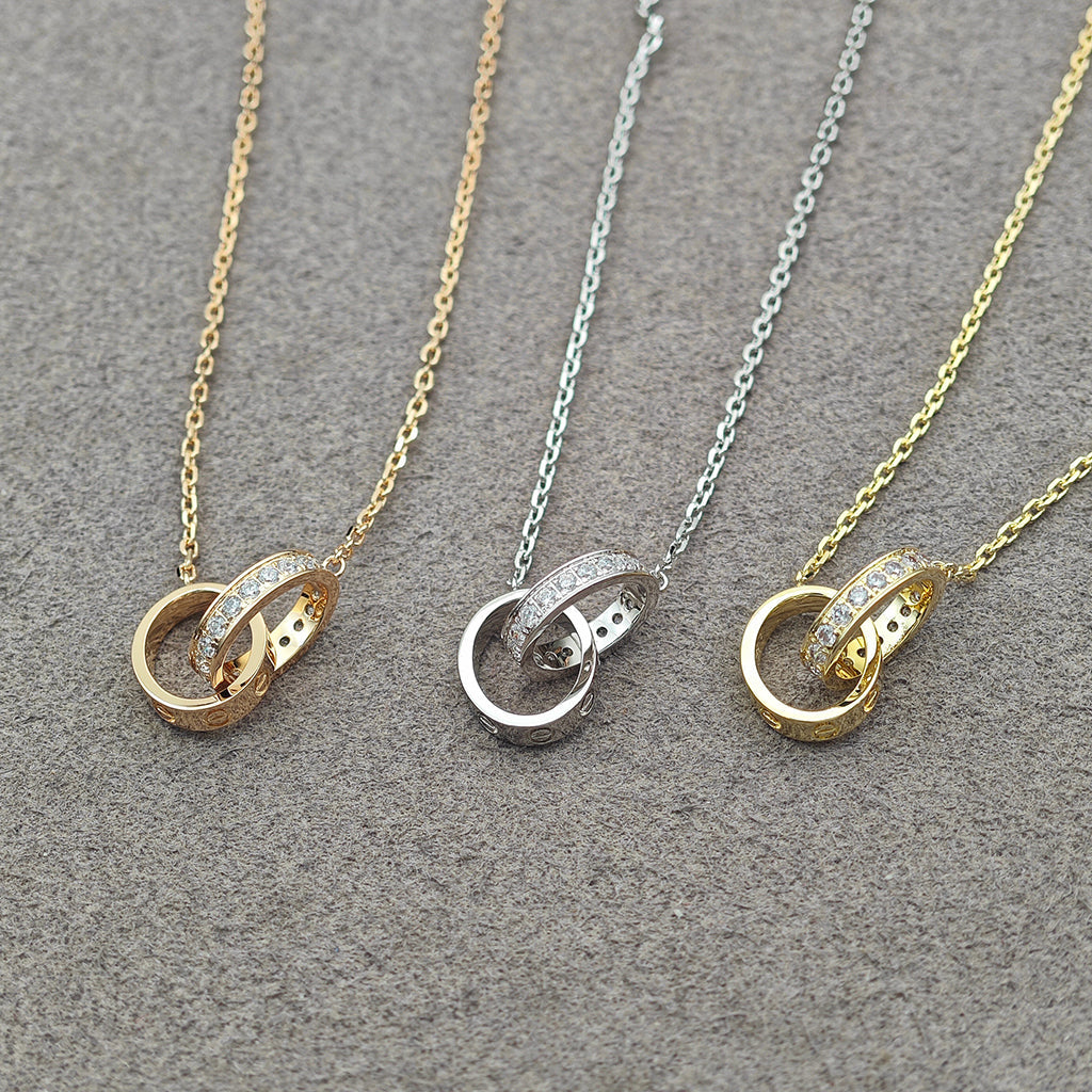 [Elite]LOVE DOUBLE RING HALF DIAMOND NECKLACE