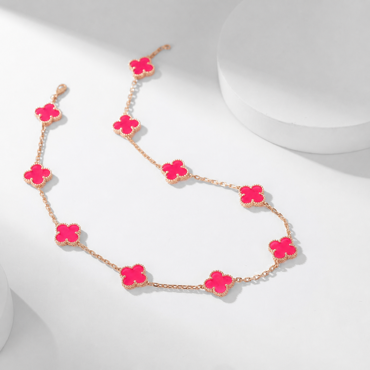 [Elite]NEW CLOVER 10 MOTIFS PINK ENAMEL NECKLACE