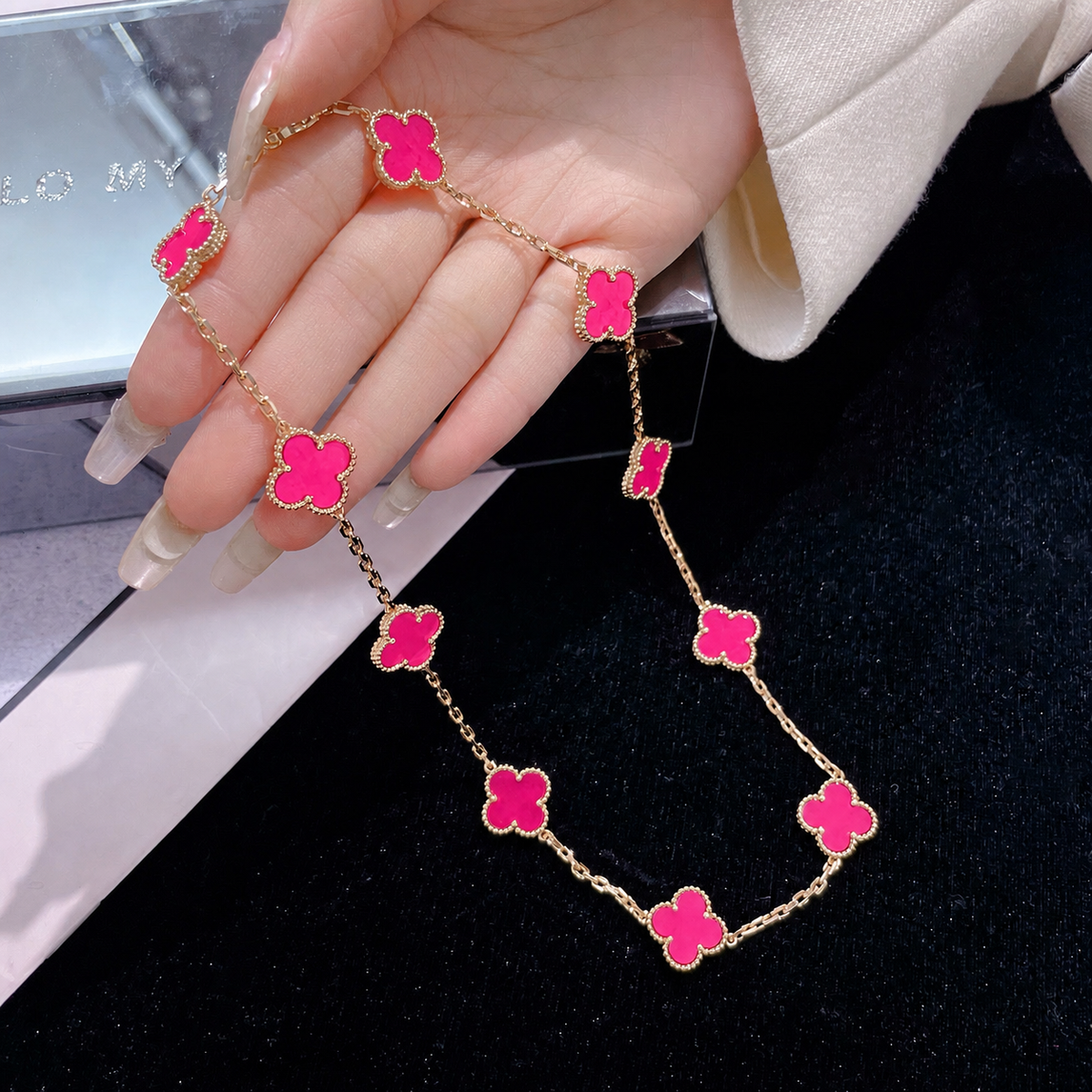 [Elite]NEW CLOVER 10 MOTIFS PINK ENAMEL NECKLACE