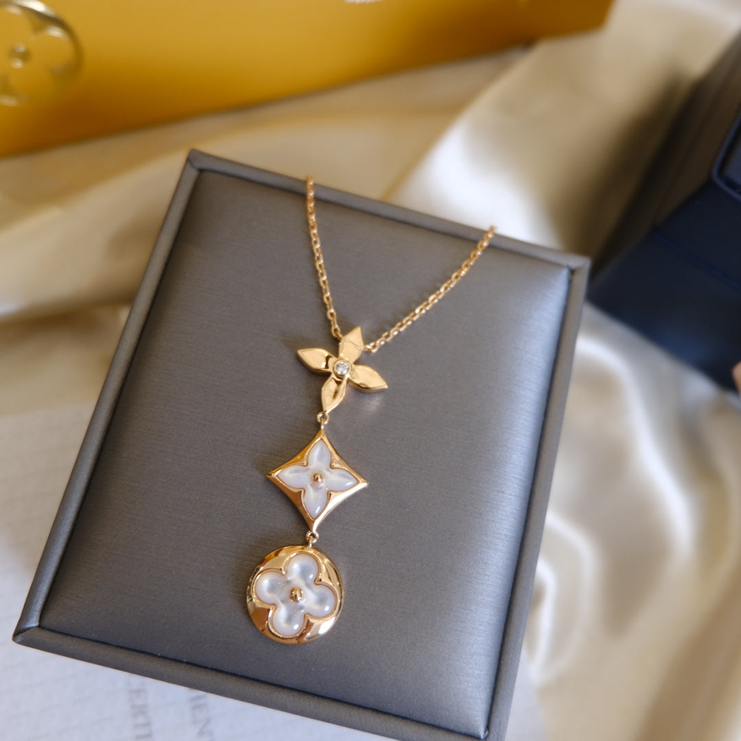 [Elite]COLOR BLOSSOM LARIAT NECKLACE PINK GOLD WHITE MOTHER PEARL AND DIAMOND