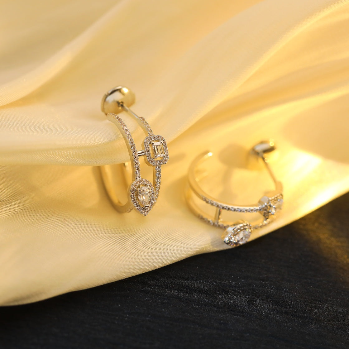 [Elite]CREOLES MY TWIN 2 RANGS SILVER DIAMOND EARRINGS