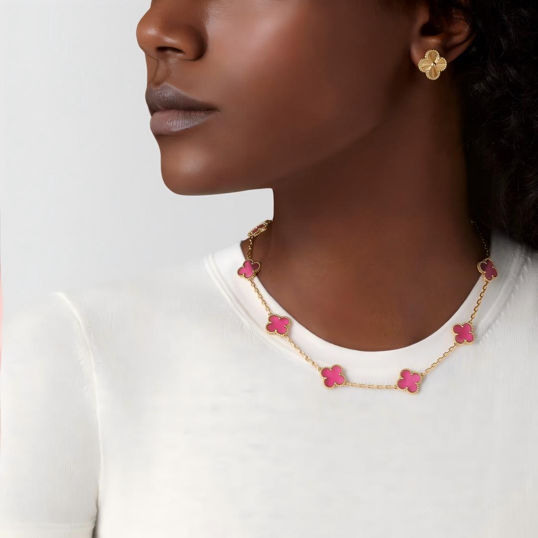 [Elite]NEW CLOVER 10 MOTIFS PINK ENAMEL NECKLACE