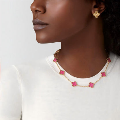 [Elite]NEW CLOVER 10 MOTIFS PINK ENAMEL NECKLACE