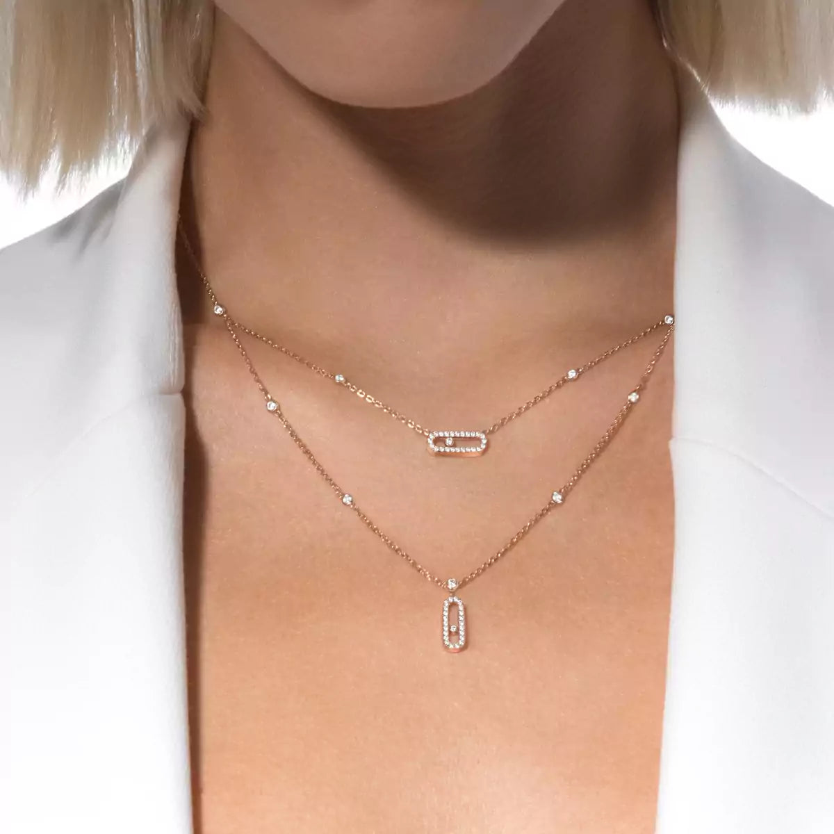 [Elite]2 Rows Rose Gold Diamond Pave_ Necklace Move Uno