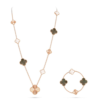 [Elite]DETACHABLE CLOVER 15(11+4) FLOWER ROSE GOLD NECKLACE SET