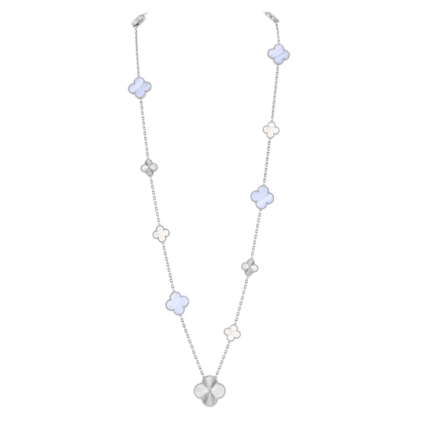 [Elite]DETACHABLE CLOVER 15(11+4) FLOWER SILVER NECKLACE SET