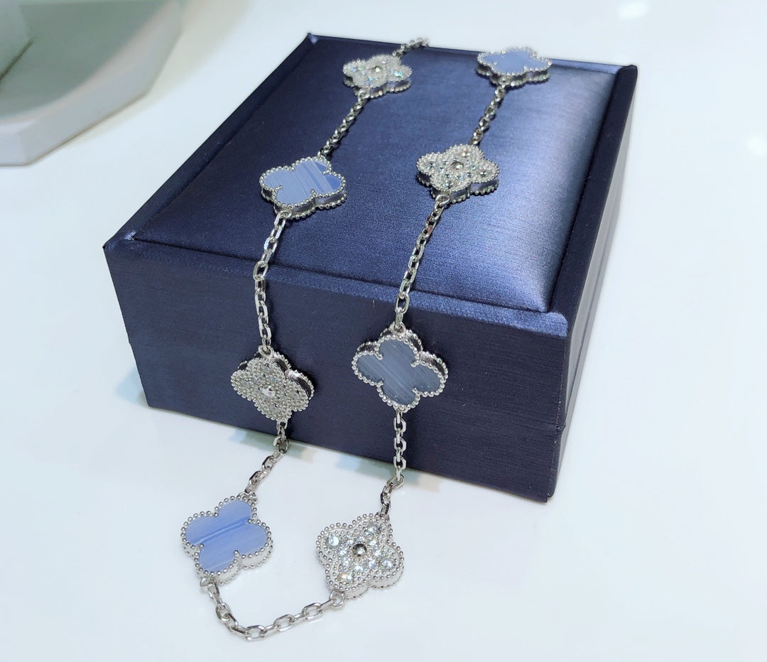 [Elite]CLOVER 10 MOTIFS CHALCEDONY DIAMONDS SILVER NECKLACE